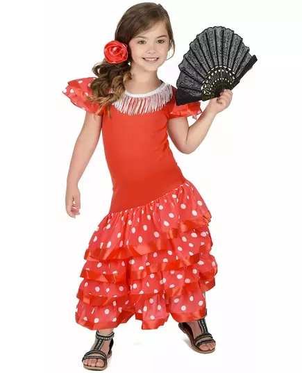 Red Flamenco Dancer Costume with White Polka Dots for Girls, Size: 10-12 years (130-140 cm)