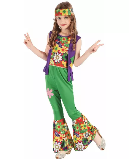 Grønt blomsterkraft hippiekostyme til jenter, Størrelse: 7–9 år (120–130 cm)