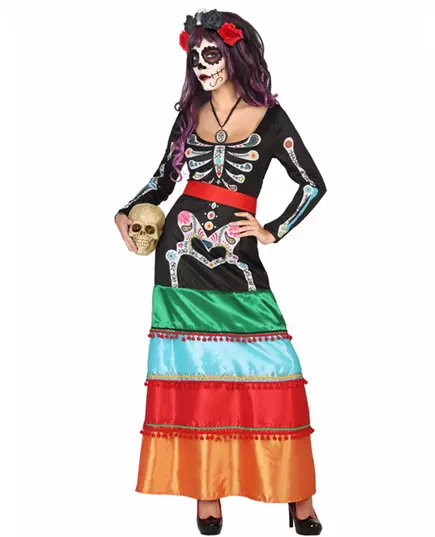 Fargerikt meksikansk langt kostyme for kvinner Dia de los muertos, Størrelse: M/L