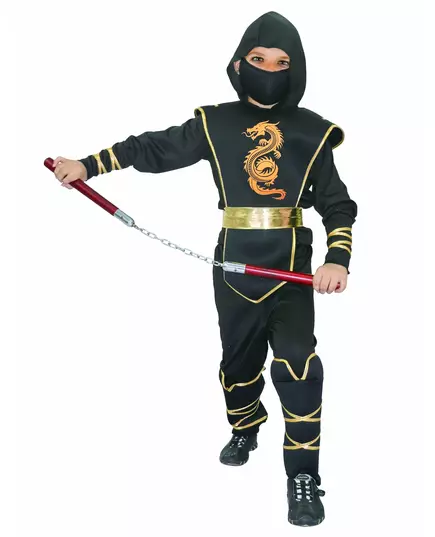Black and gold ninja costume for boys, Size: 7-9 years (120-130 cm)