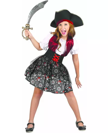 Pirate costume with skull print for girls, Size: 10-12 years (130-140 cm)