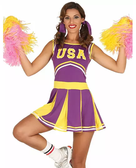 Lilla og gult USA cheerleader-kostyme til kvinner, Størrelse: Large (42-44)