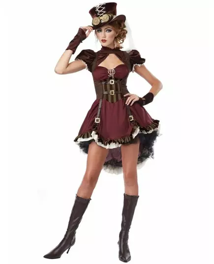 Burgunderfarget steampunk-kostyme til kvinner, Størrelse: X-Small (36/38)