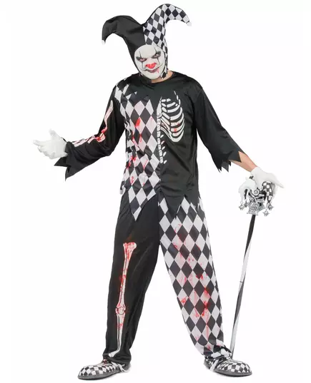 Denne Halloween-helgen kan du forvandle deg til en blodig harlekin! Dette harlekinkostymet for menn består av en tunika, bukser og en hatt (stokk ikke inkludert). Toppen er svart med et skjeletttrykk på den ene halvdelen av brystet og den ene armen. Den a, Størrelse: XL