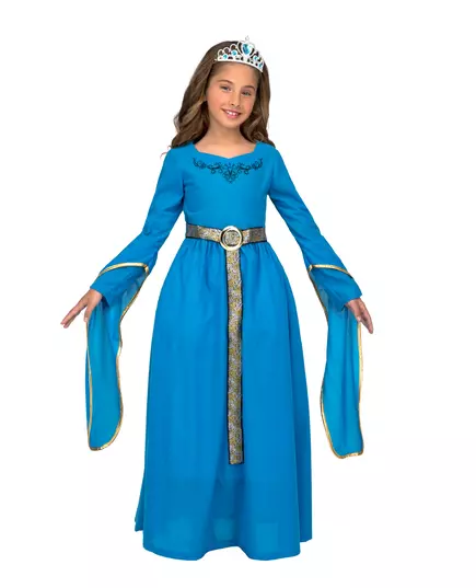 Costume with blue medieval princess tiara for girls, Size: 10-12 years (140 - 152 cm)