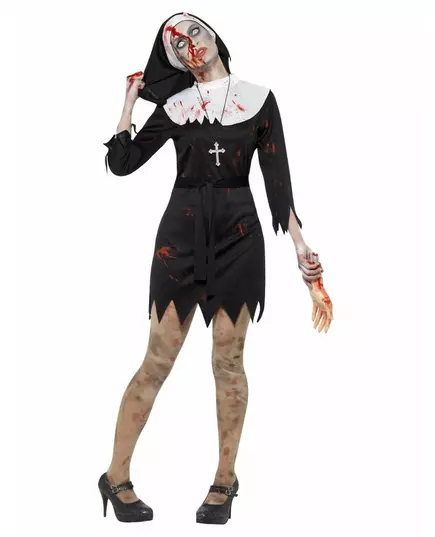 Black zombie nun costume for women, Size: Small