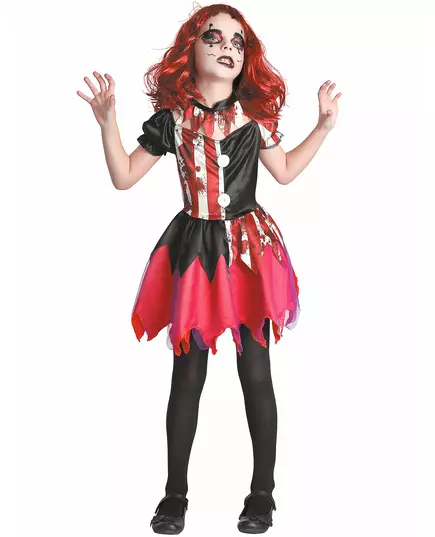 Red and black bloody clown costume for girls, Size: 7-9 years (120-130 cm)