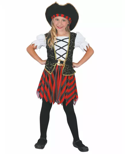 Svart og rødt piratkostyme til jenter, Størrelse: 7–9 år (120–130 cm)