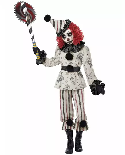 This Halloween, transform into a sinister retro clown! This sinister clown costume for children consists of a top, pants, a collar, a belt, a hat, and a mask (wig, saw, gloves, and shoes not included). The long-sleeved top is beige with retro circus motif, Size: М 8-10 years(140 cm)