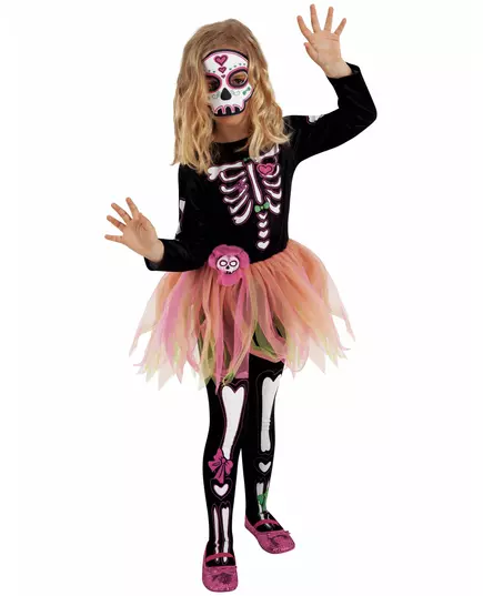 Miss Day of the Dead costume with mask and tights for girls, Size: 3-4 years (90 to 104 cm)