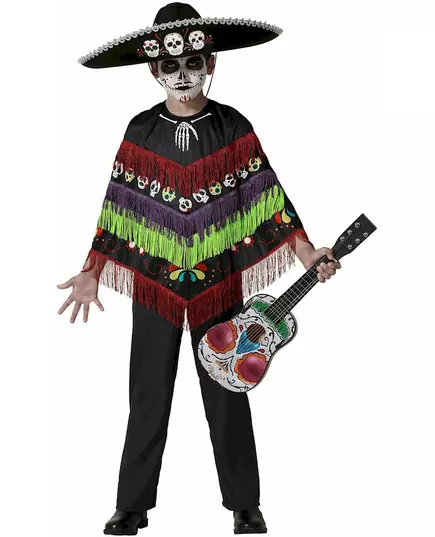 Children's Day of the Dead skeleton poncho costume, Size: 7-9 years (130-145 cm)