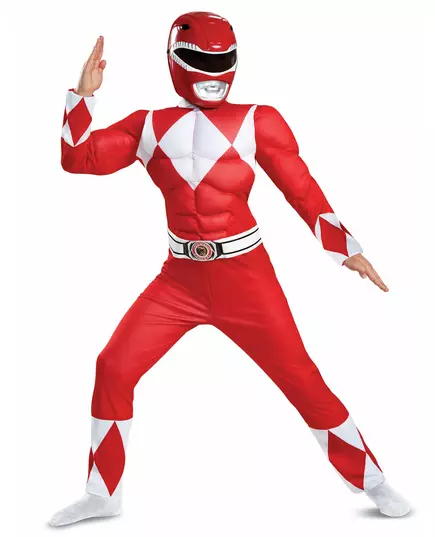 Power Rangers rødt muskelkostyme til barn, Størrelse: 7–8 år(124–136 cm)