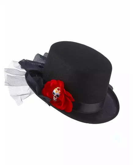 Black top hat with red flower skull for Dia de los muertos adult, image 2