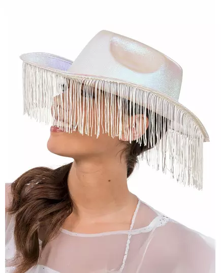 Hvit iriserende cowboyhatt med frynser for voksne, bilde 2