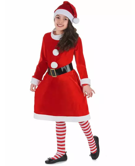 Mother Christmas costume with white pompoms for girls, Size: 4-6 years (S), image 2