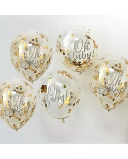 gjennomsiktige Oh Baby-ballonger med metallisk gullkonfetti 30 cm, bilde 2