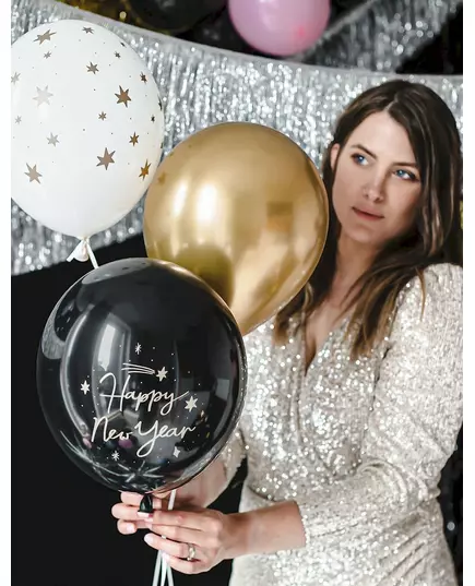 6 svarte og gullfargede ballonger til godt nyttår, 30 cm, bilde 2