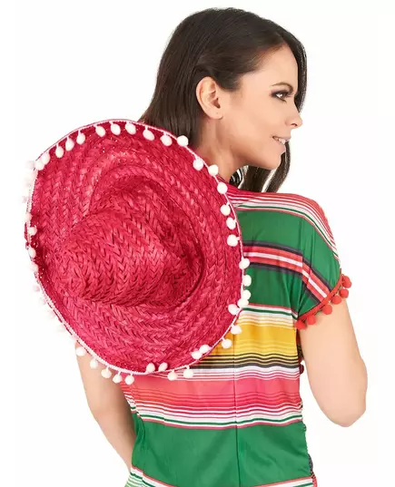 Red sombrero with pompom trim for adults, image 2