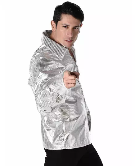Men's silver shiny disco shirt, Size: Large, image 2