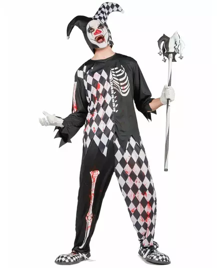Denne Halloween-helgen kan du forvandle deg til en blodig harlekin! Dette harlekinkostymet for menn består av en tunika, bukser og en hatt (stokk ikke inkludert). Toppen er svart med et skjeletttrykk på den ene halvdelen av brystet og den ene armen. Den a, Størrelse: XL, bilde 2