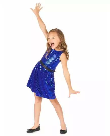 Girls' blue sequin disco dress with big bow, Size: 6-7 years(M), image 2