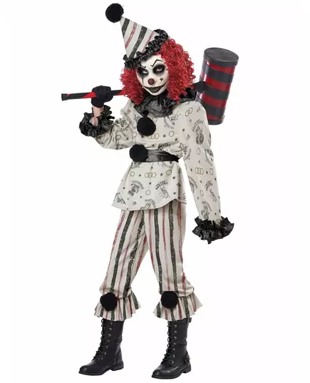 This Halloween, transform into a sinister retro clown! This sinister clown costume for children consists of a top, pants, a collar, a belt, a hat, and a mask (wig, saw, gloves, and shoes not included). The long-sleeved top is beige with retro circus motif, Size: XL 12–14 years(155 cm), image 2