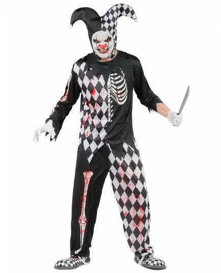 Denne Halloween-helgen kan du forvandle deg til en blodig harlekin! Dette harlekinkostymet for menn består av en tunika, bukser og en hatt (stokk ikke inkludert). Toppen er svart med et skjeletttrykk på den ene halvdelen av brystet og den ene armen. Den a, Størrelse: XL, bilde 3