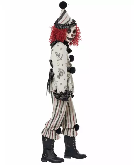 This Halloween, transform into a sinister retro clown! This sinister clown costume for children consists of a top, pants, a collar, a belt, a hat, and a mask (wig, saw, gloves, and shoes not included). The long-sleeved top is beige with retro circus motif, Size: XL 12–14 years(155 cm), image 3