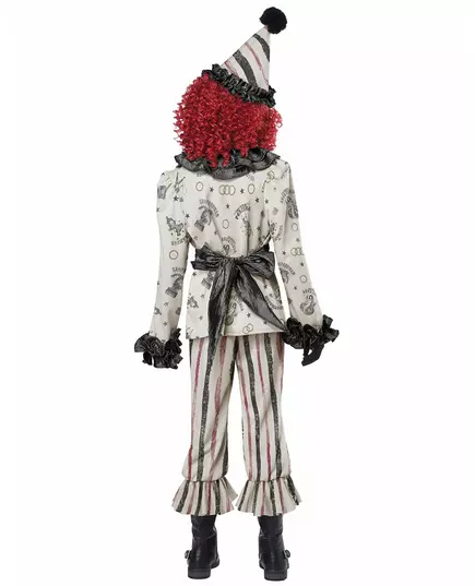 This Halloween, transform into a sinister retro clown! This sinister clown costume for children consists of a top, pants, a collar, a belt, a hat, and a mask (wig, saw, gloves, and shoes not included). The long-sleeved top is beige with retro circus motif, Size: XL 12–14 years(155 cm), image 4